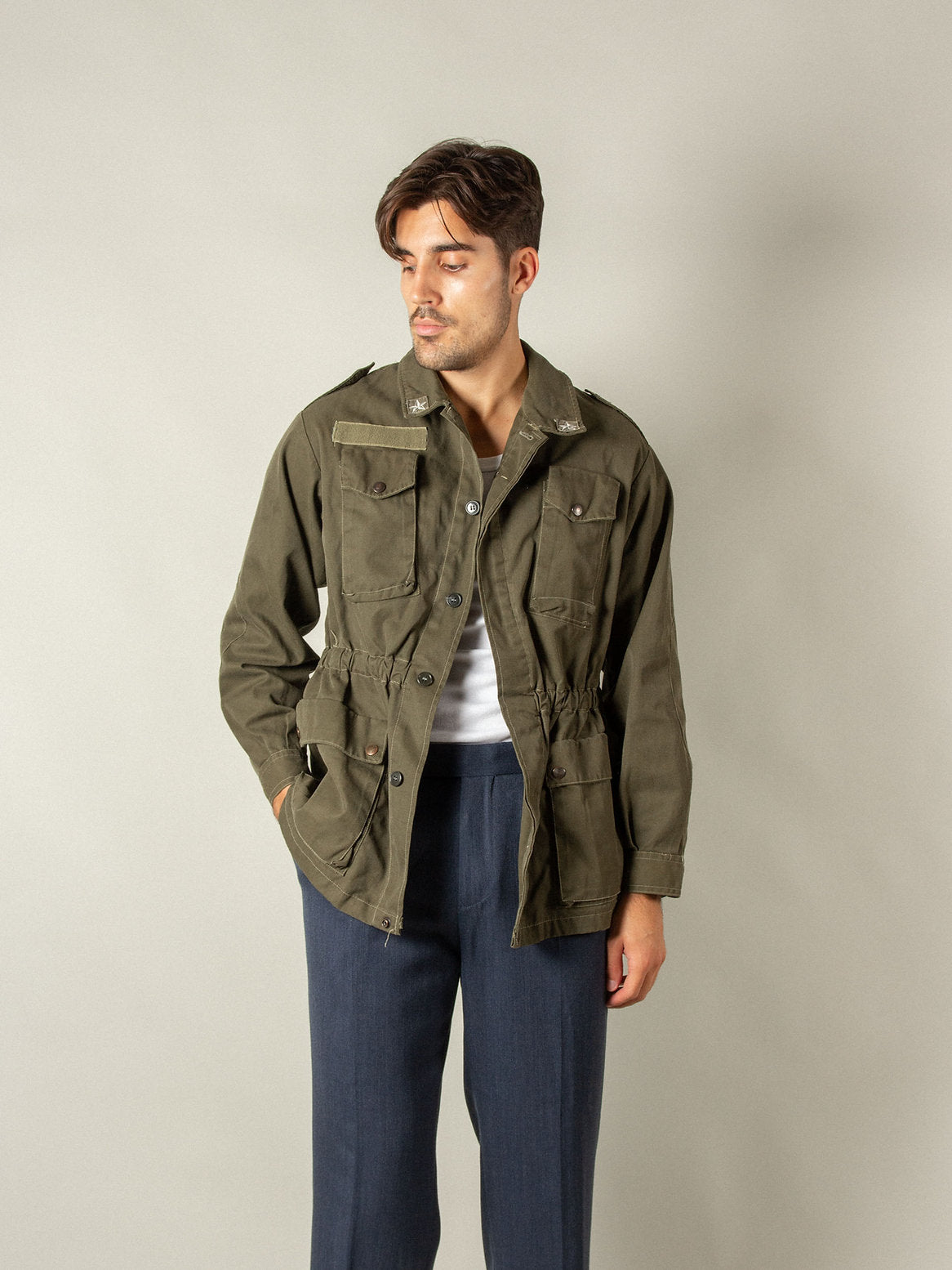 Vintage Italian Army field jacket olive khaki military elasticated waist