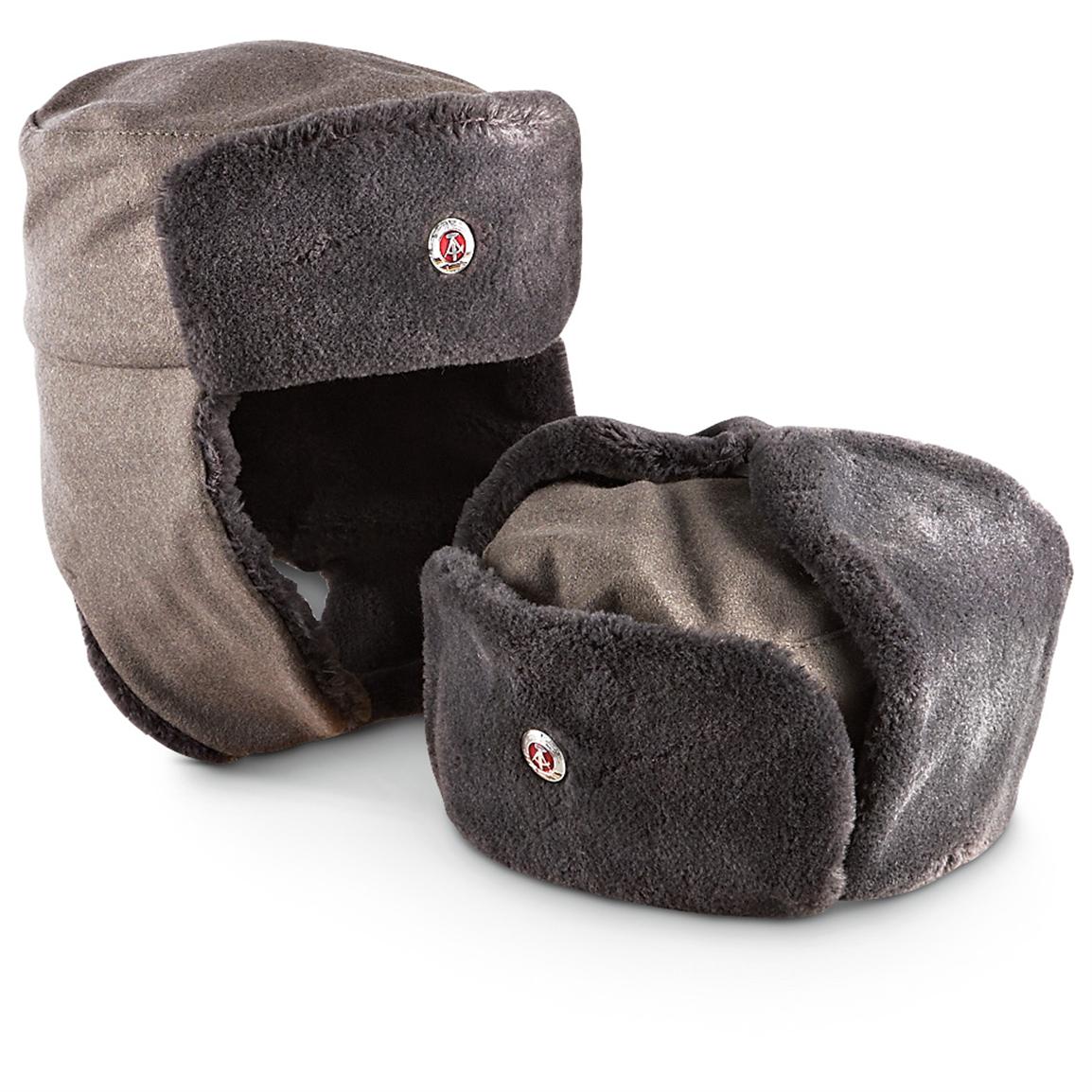 New Vintage East German army grey fur lined winter hat cap military Communist NVA DDR GDR Soviet Era soldier