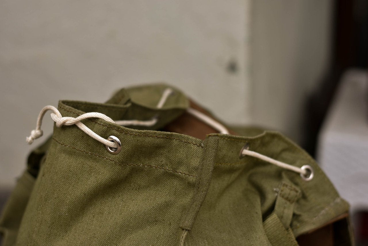 Vintage Romanian army canvas backpack rucksack bag Communist Soviet Era leather straps webbing