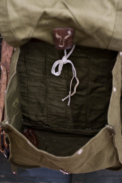 Vintage Romanian army canvas backpack rucksack bag Communist Soviet Era leather straps webbing