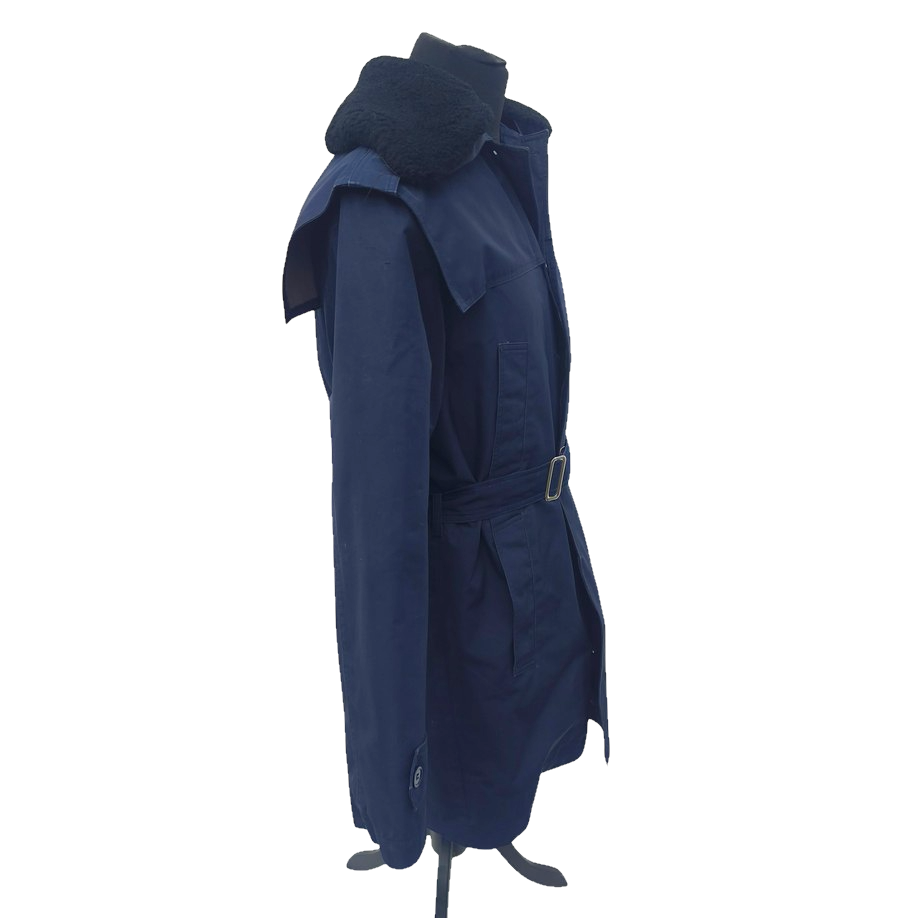 Vintage 19902-early 2000s Romanian Army navy blue winter parka jacket fully lined military black faux fur collar