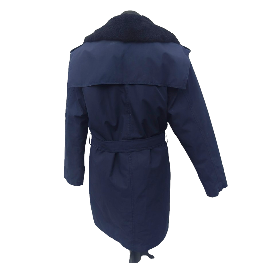 Vintage 19902-early 2000s Romanian Army navy blue winter parka jacket fully lined military black faux fur collar