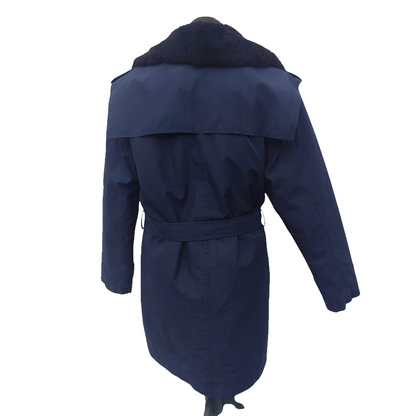 Vintage 19902-early 2000s Romanian Army navy blue winter parka jacket fully lined military black faux fur collar