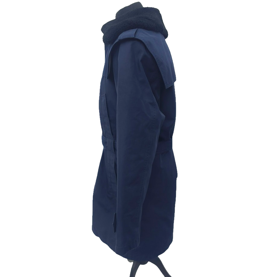 Vintage 19902-early 2000s Romanian Army navy blue winter parka jacket fully lined military black faux fur collar