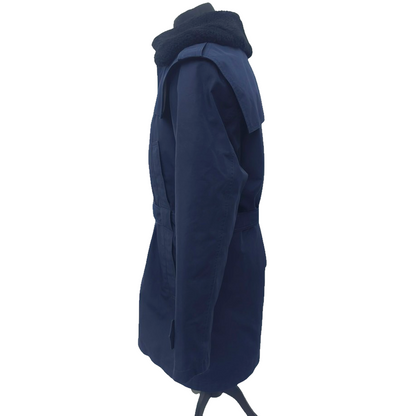 Vintage 19902-early 2000s Romanian Army navy blue winter parka jacket fully lined military black faux fur collar