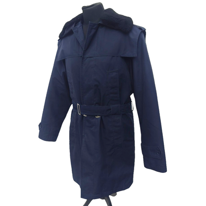Vintage 19902-early 2000s Romanian Army navy blue winter parka jacket fully lined military black faux fur collar