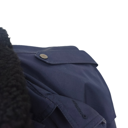 Vintage 19902-early 2000s Romanian Army navy blue winter parka jacket fully lined military black faux fur collar