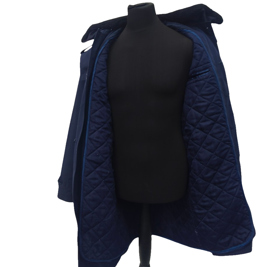 Vintage 19902-early 2000s Romanian Army navy blue winter parka jacket fully lined military black faux fur collar