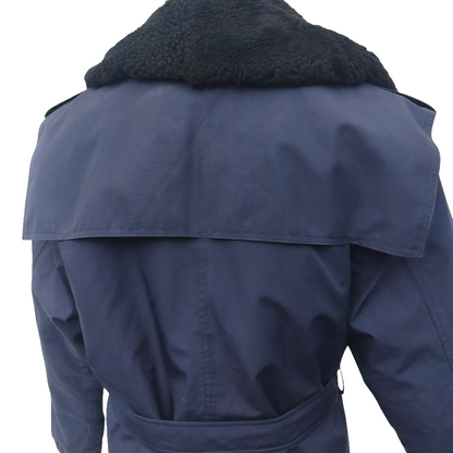 Vintage 19902-early 2000s Romanian Army navy blue winter parka jacket fully lined military black faux fur collar