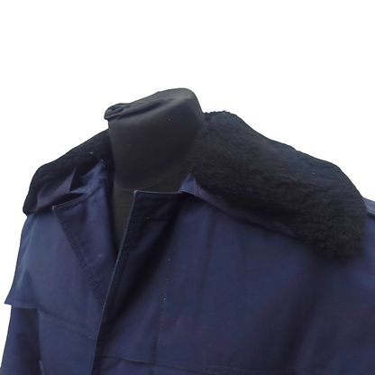Vintage 19902-early 2000s Romanian Army navy blue winter parka jacket fully lined military black faux fur collar