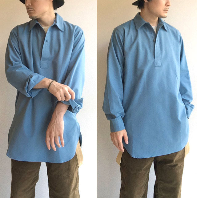 Vintage 1970s Swedish sky blue long shirt field relaxed lounge army military fieldshirt shirt civil defence