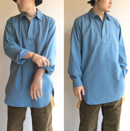 Vintage 1970s Swedish sky blue long shirt field relaxed lounge army military fieldshirt shirt civil defence