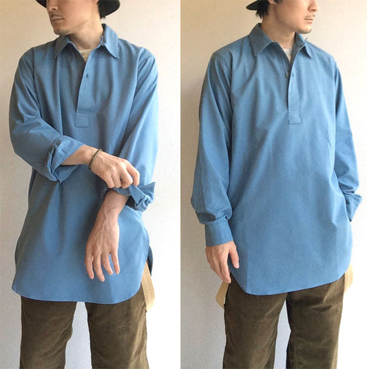 Vintage 1970s Swedish sky blue long shirt field relaxed lounge army military fieldshirt shirt civil defence