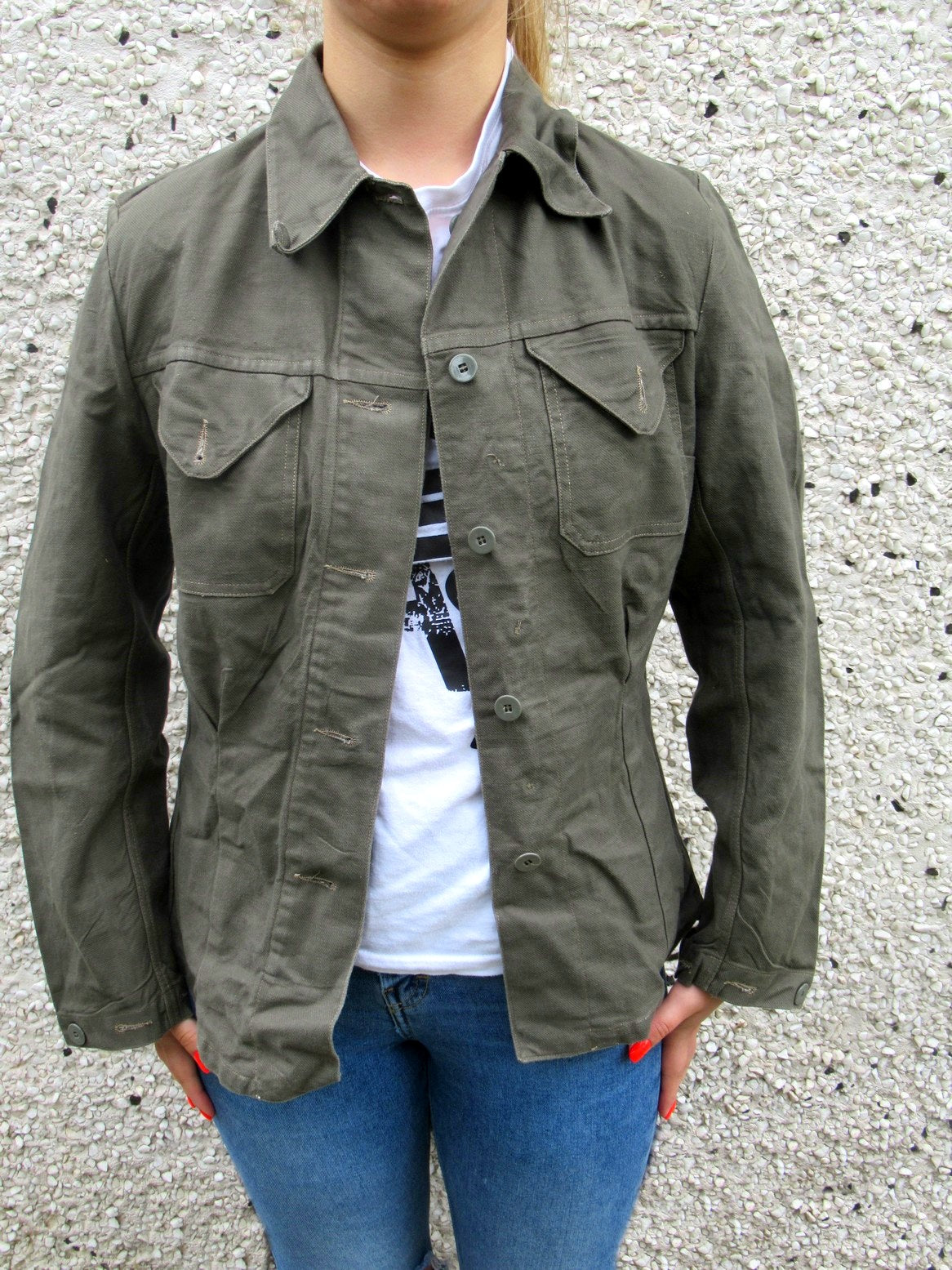 1960s Vintage Women's Swedish army cotton blouse shirt military denim grey