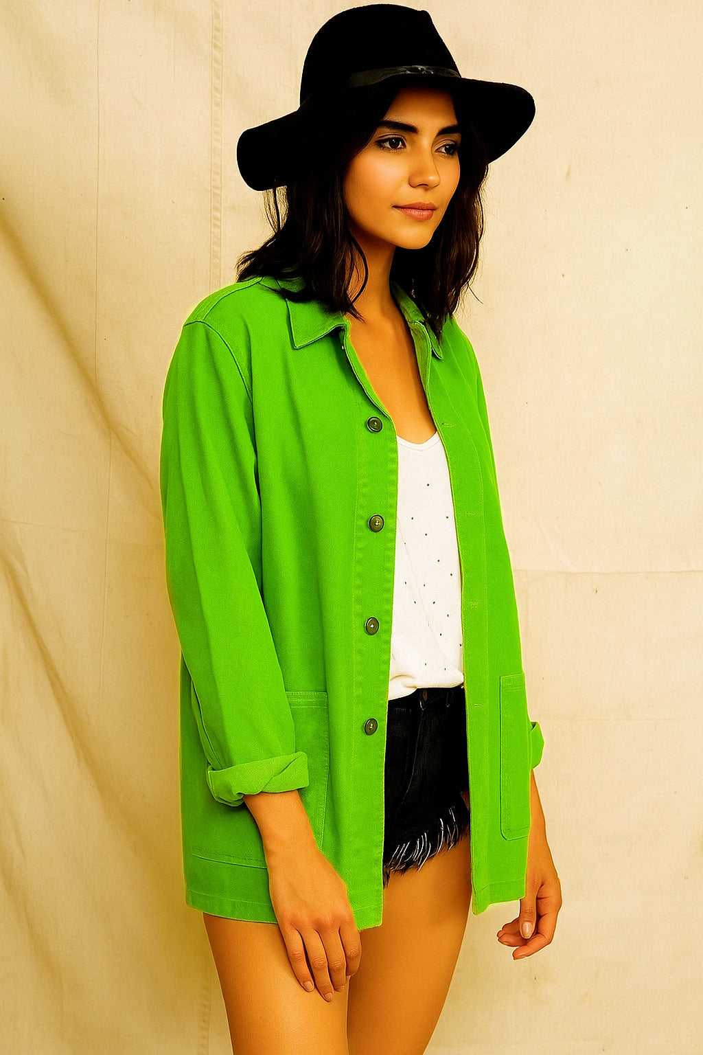vintage 1960s 1970s Swedish Army lime green denim work jacket military coat combat field ladies