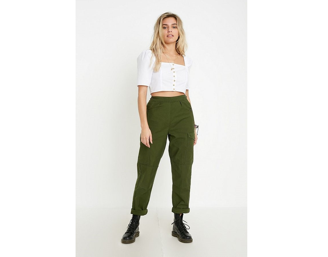 Vintage Swedish army M59 trousers green khaki pants military high waisted olive cargo combat womens button waist