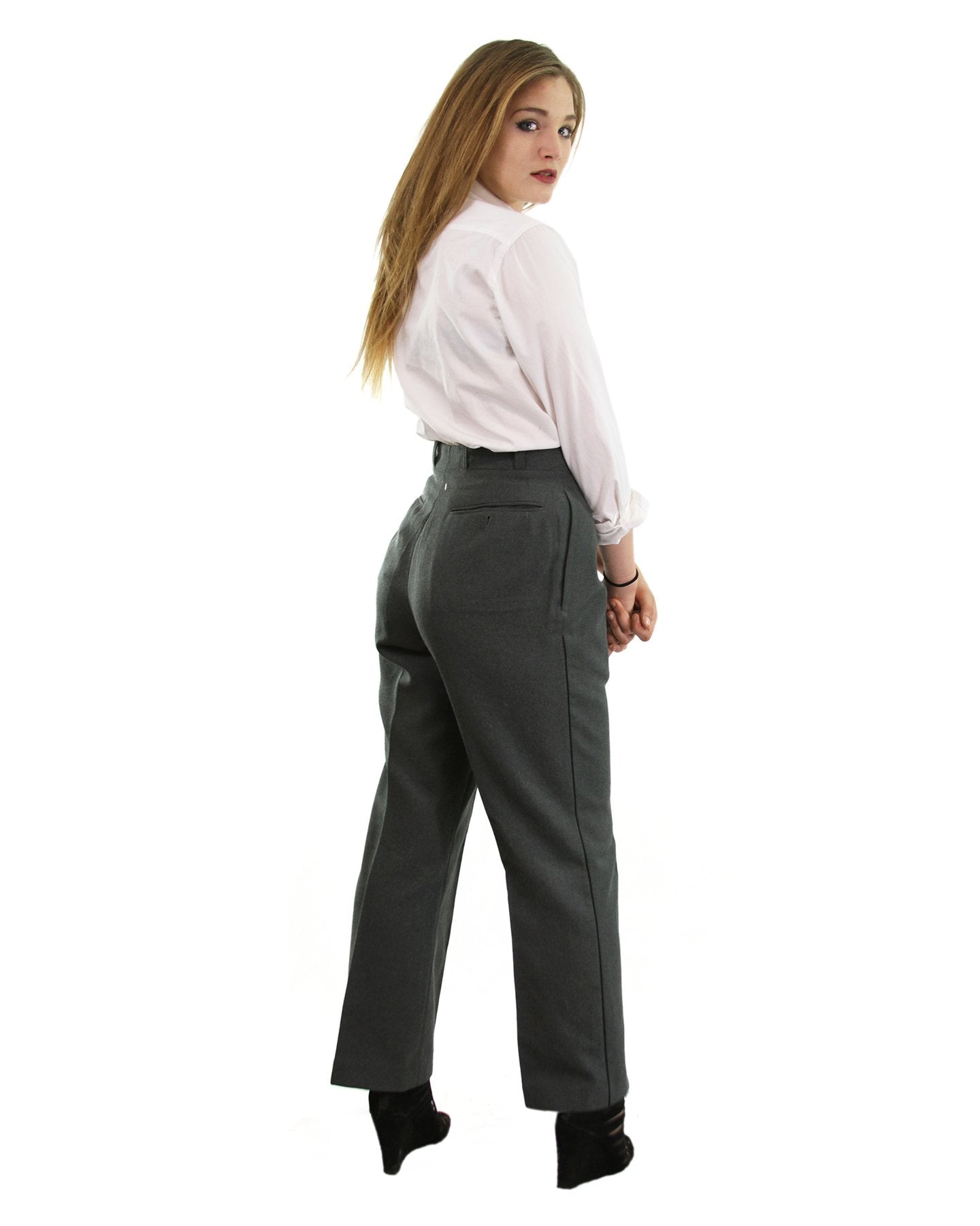 Vintage Swiss army grey wool trousers pants military dress stripe Switzerland women's