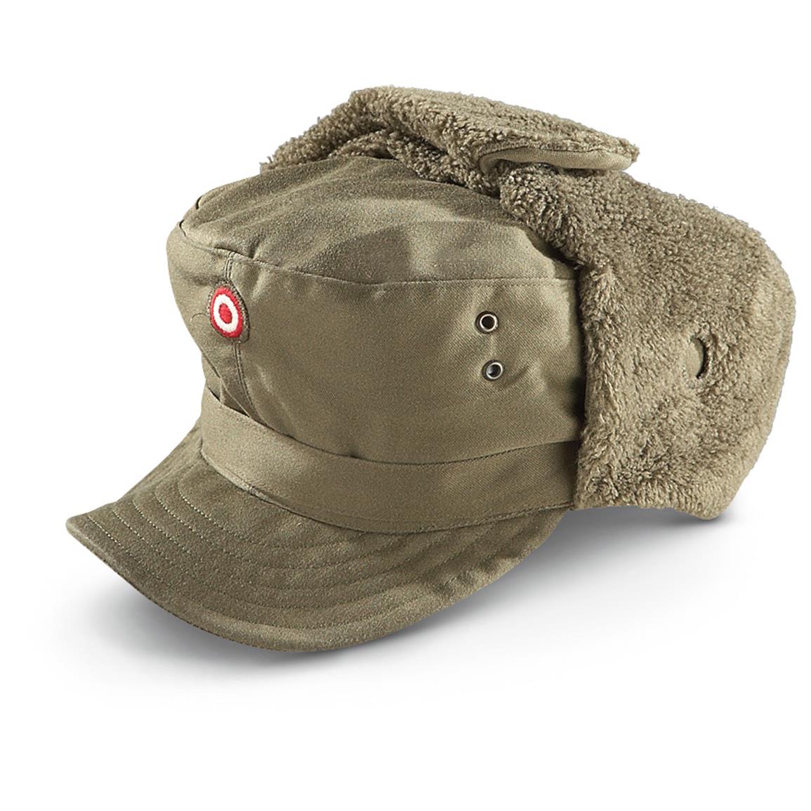 Vintage Austrian army lined winter hat cap military cold weather 1980s army green olive khaki