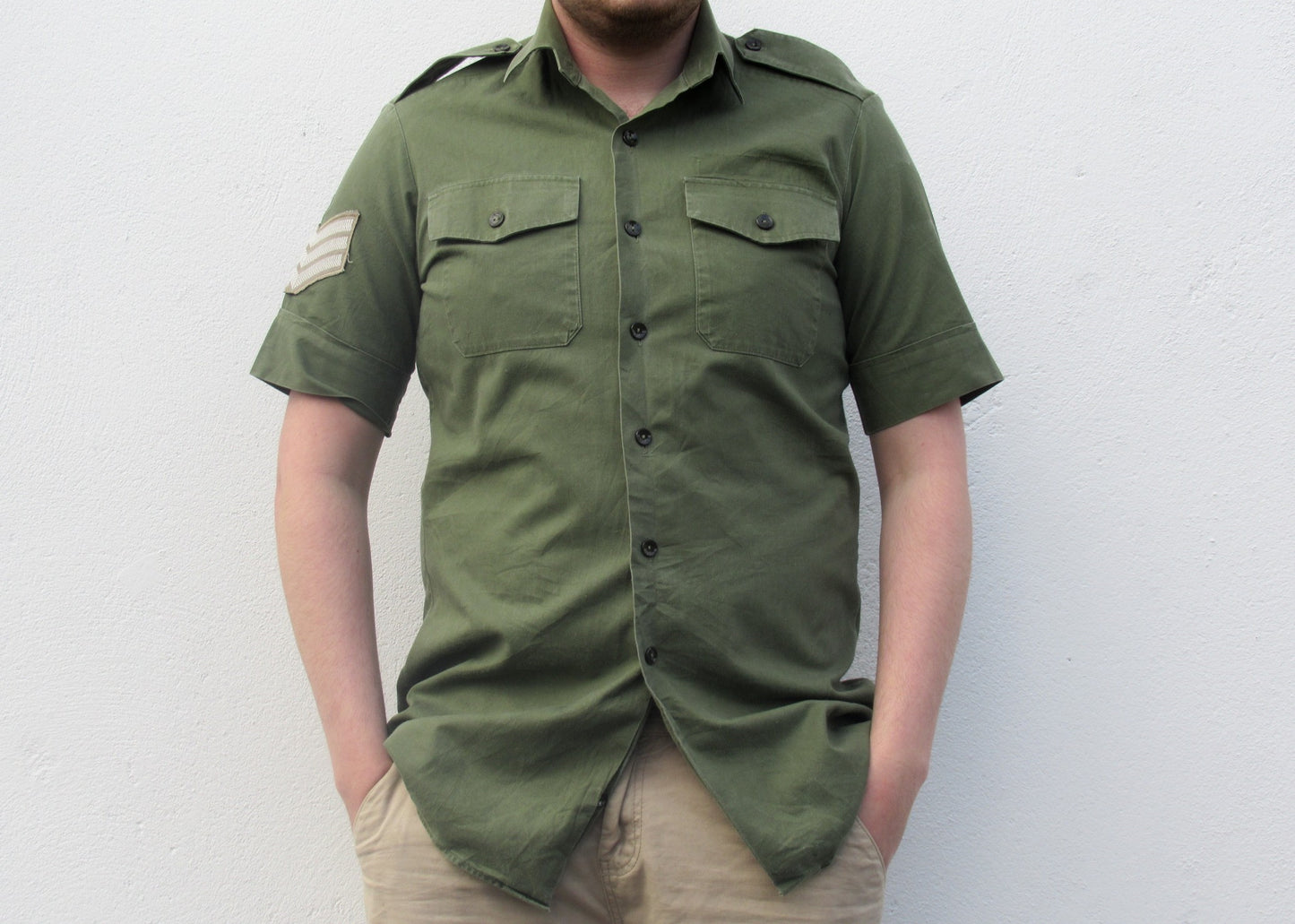 Vintage British army short sleeve service shirt fieldshirt green military dress cotton-denim