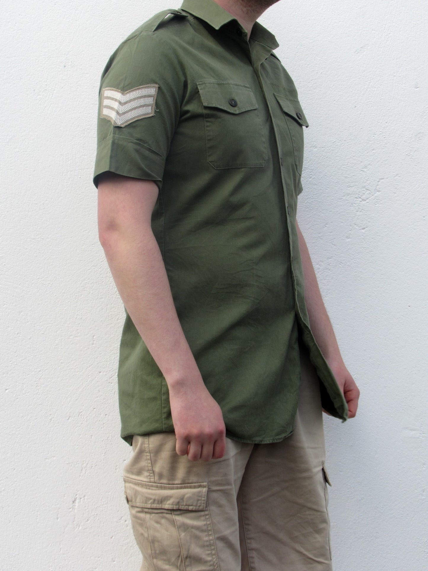 Vintage British army short sleeve service shirt fieldshirt green military dress cotton-denim