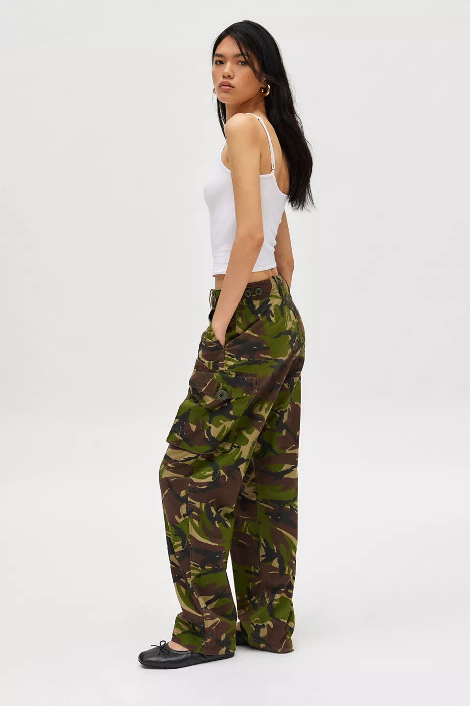 Vintage Women's British army soldier 95 camo trousers pants military camouflage cargo combat woodland DPM high waisted