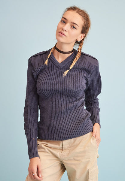 Vintage Women's British air force blue-grey wool v-neck jumper RAF army pullover sweatshirt military stretchy sweater pulli
