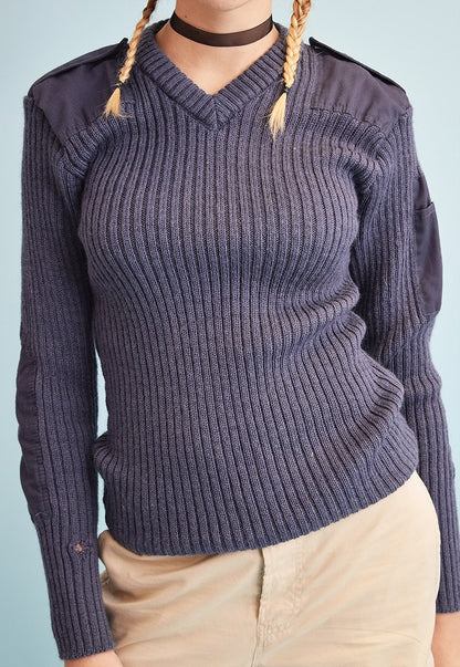 Vintage Women's British air force blue-grey wool v-neck jumper RAF army pullover sweatshirt military stretchy sweater pulli