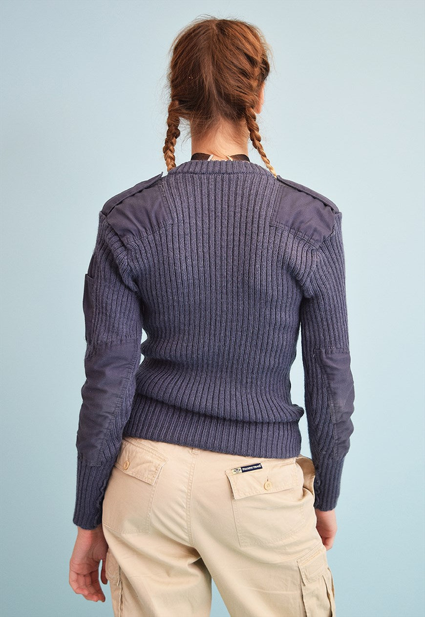 Vintage Women's British air force blue-grey wool v-neck jumper RAF army pullover sweatshirt military stretchy sweater pulli