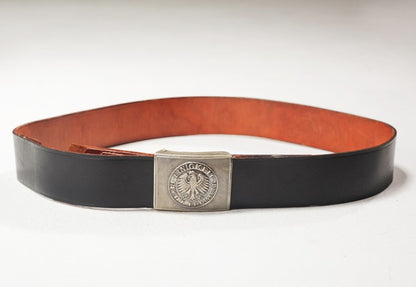 Vintage German army black leather belt Bundeswehr insignia buckle