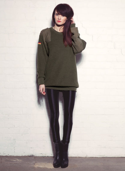 New Unissued German army olive oversized wool jumper pullover sweatshirt military stretchy Bundeswehr sweater pulli women's no pocket