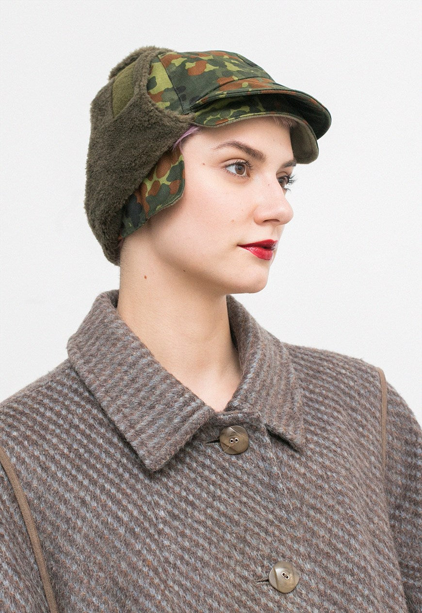 New German army winter cap military hat flecktarn camo camouflage peaked faux fur thermal