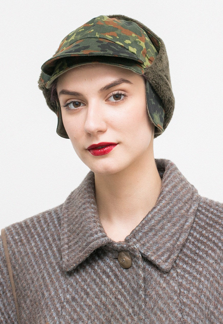 New German army winter cap military hat flecktarn camo camouflage peaked faux fur thermal