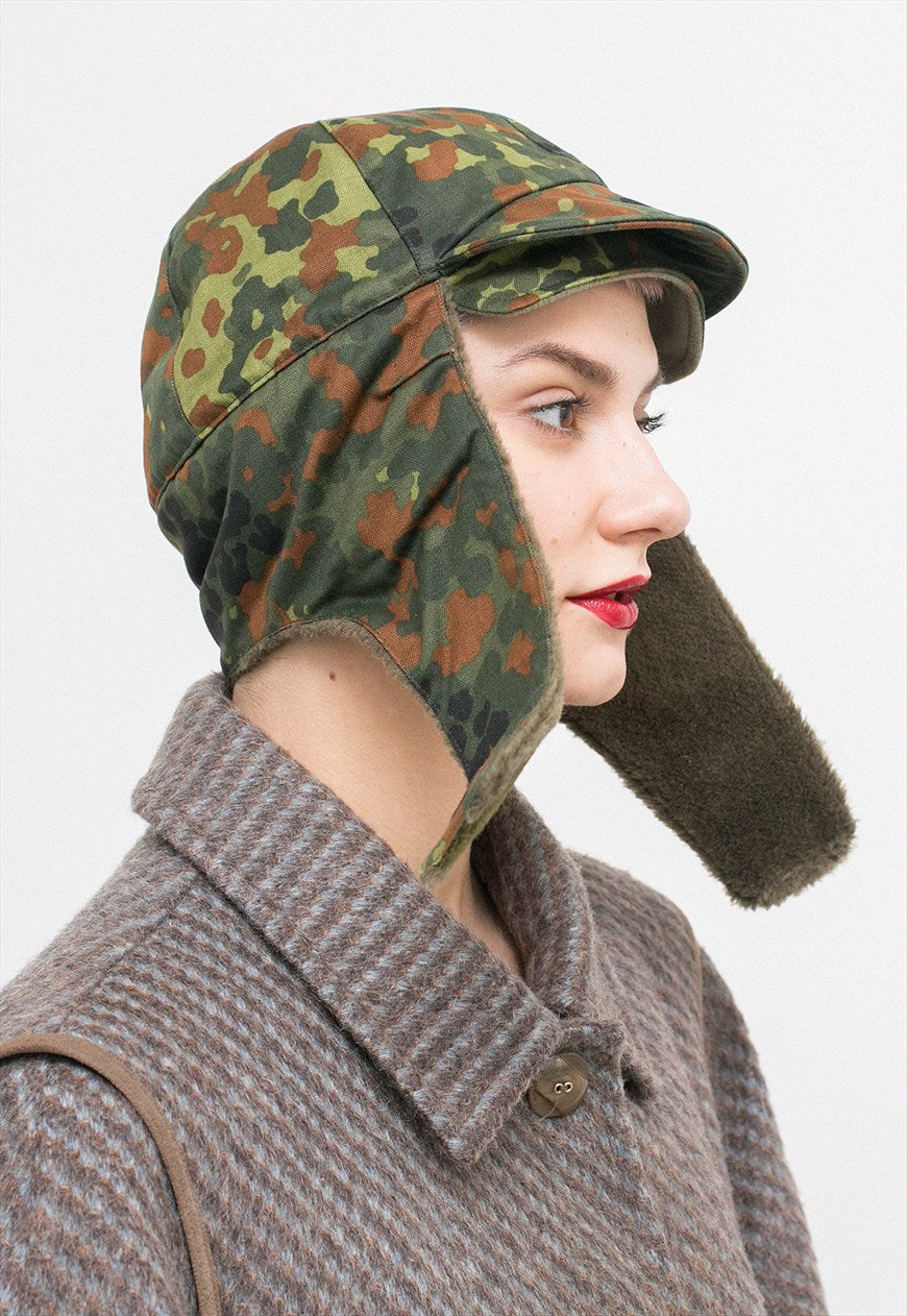 New German army winter cap military hat flecktarn camo camouflage peaked faux fur thermal