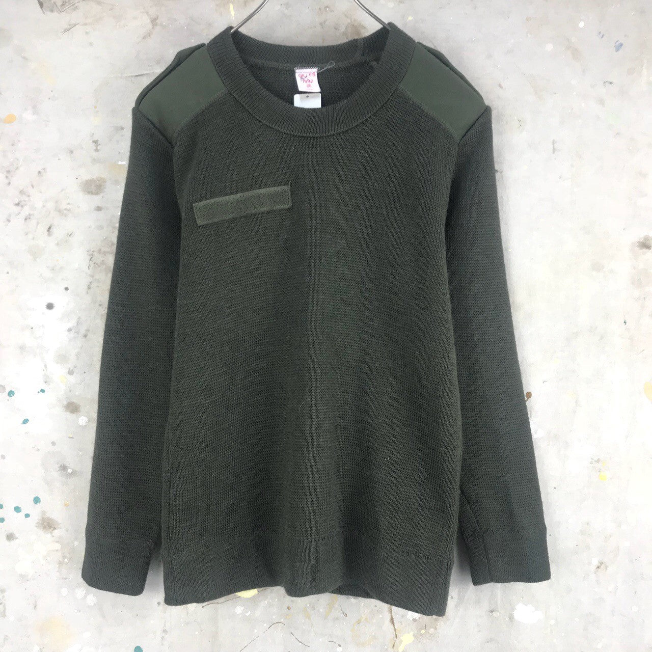 Vintage 1980s Women's French army jumper pullover sweatshirt military olive stretchy