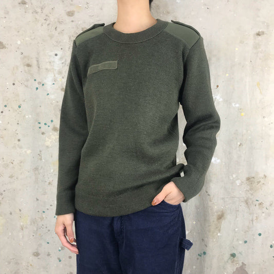 Vintage 1980s Women's French army jumper pullover sweatshirt military olive stretchy
