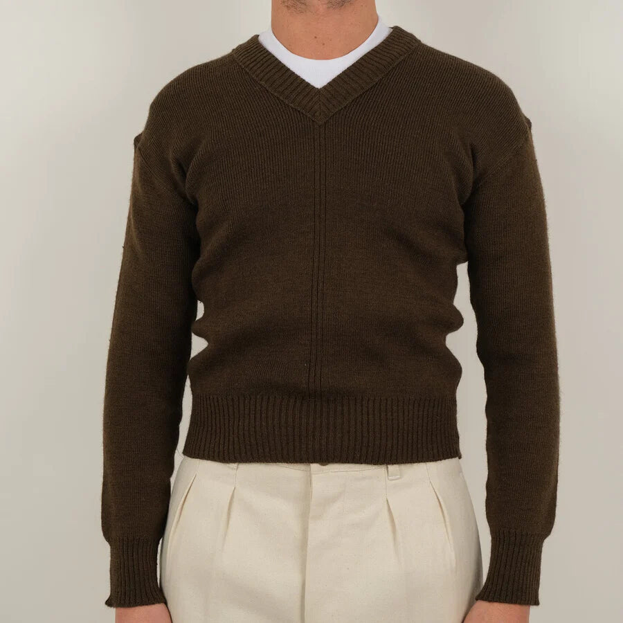 Vintage 1950s French army wool v-neck sweater jumper pullover sweatshirt military khaki stretchy m