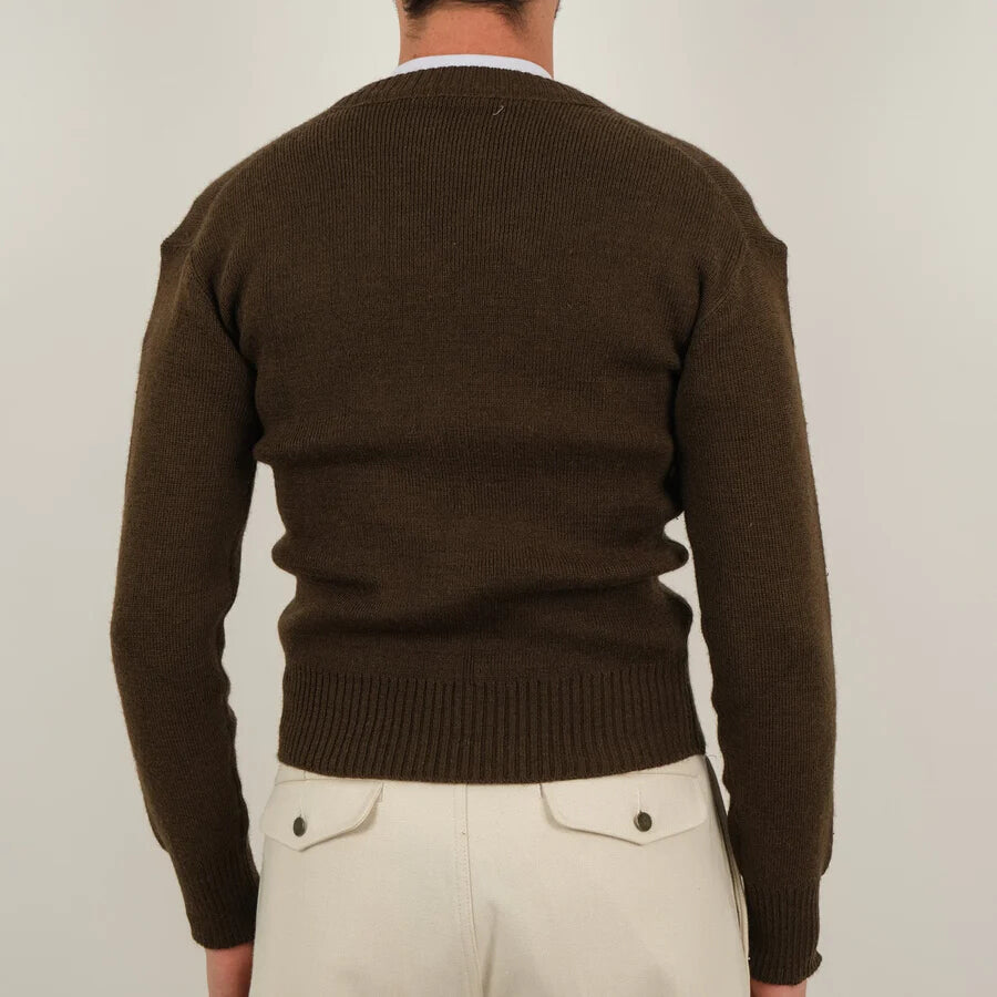 Vintage 1950s French army wool v-neck sweater jumper pullover sweatshirt military khaki stretchy m