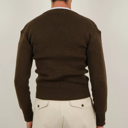 Vintage 1950s French army wool v-neck sweater jumper pullover sweatshirt military khaki stretchy m