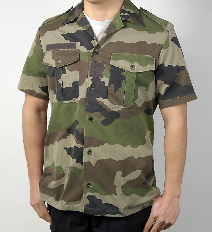 Vintage French army camo short sleeved  military shirt CCE woodland