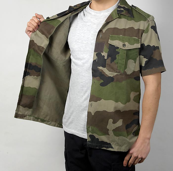 Vintage French army camo short sleeved  military shirt CCE woodland