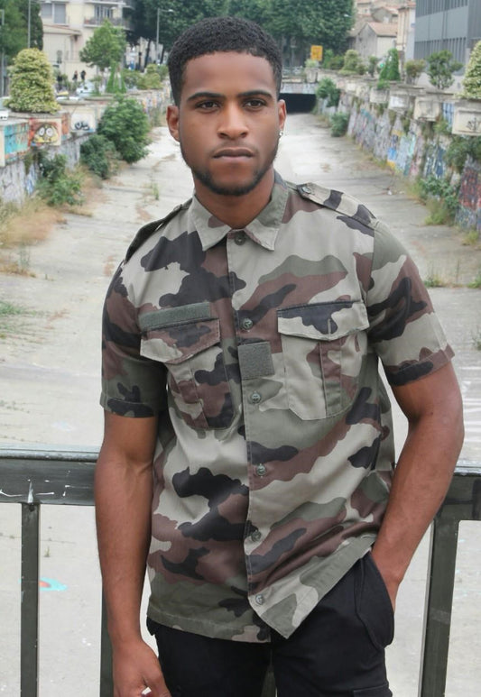 Vintage French army camo short sleeved  military shirt CCE woodland