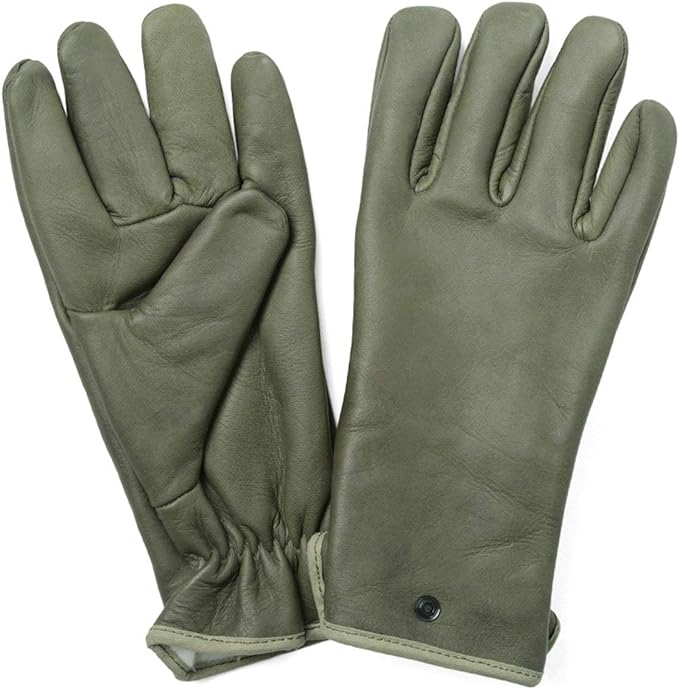 New Vintage French Army green leather lined gloves military deadstock winter