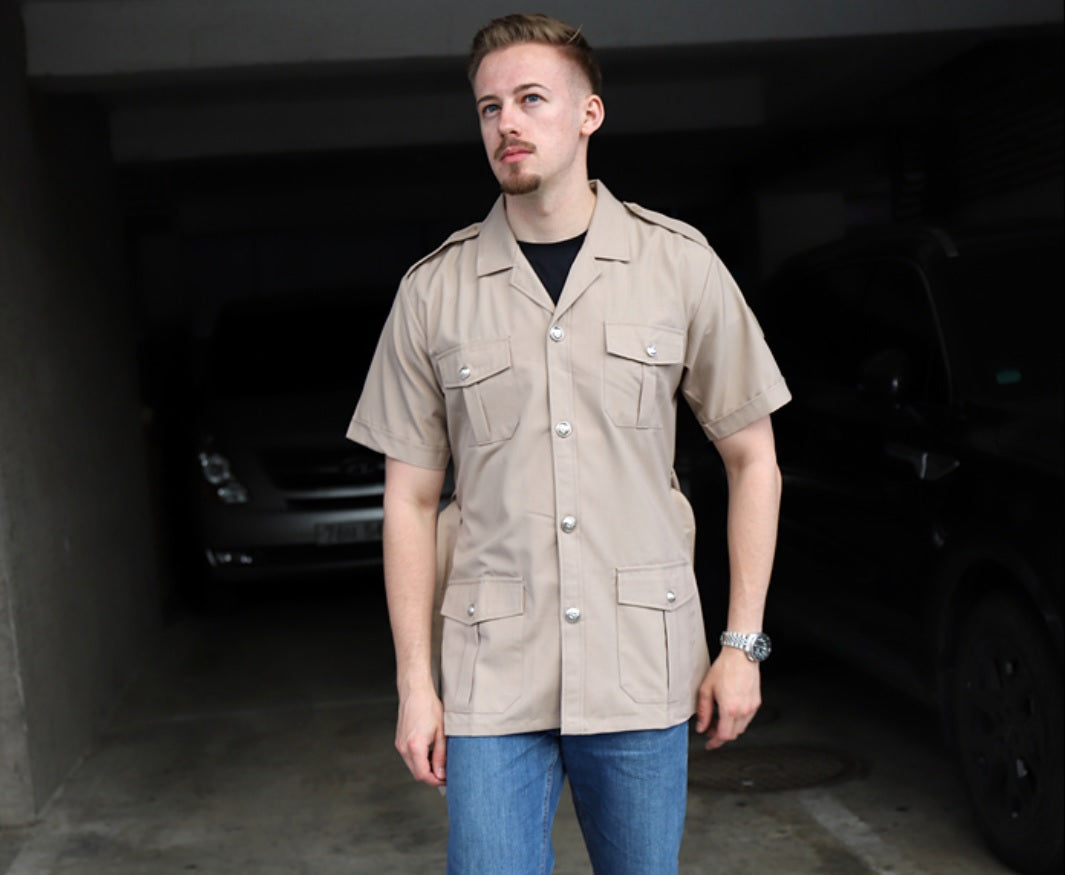 New French Foreign Legion army beige khaki short sleeved shirt cream safari belt