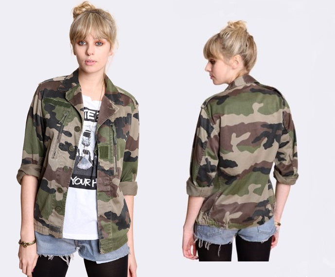 Vintage Women's French F2 camo jacket coat surplus army military retro urban ladies