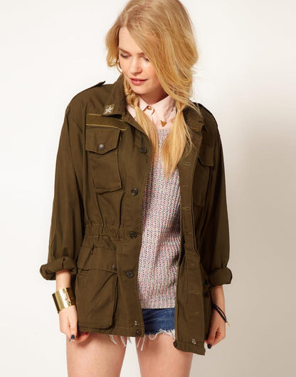Women's vintage 1970s Italian army jacket military f2 retro khaki coat olive elasticated waist