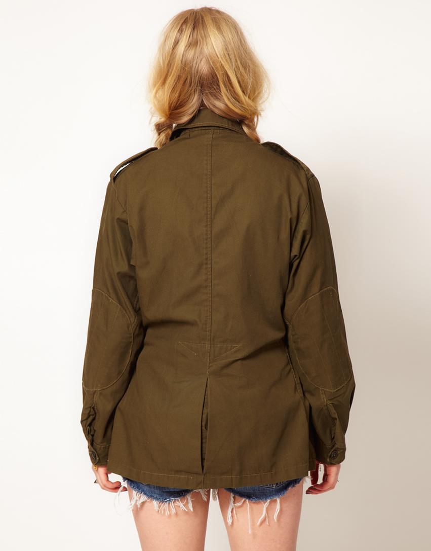Women's vintage 1970s Italian army jacket military f2 retro khaki coat olive elasticated waist