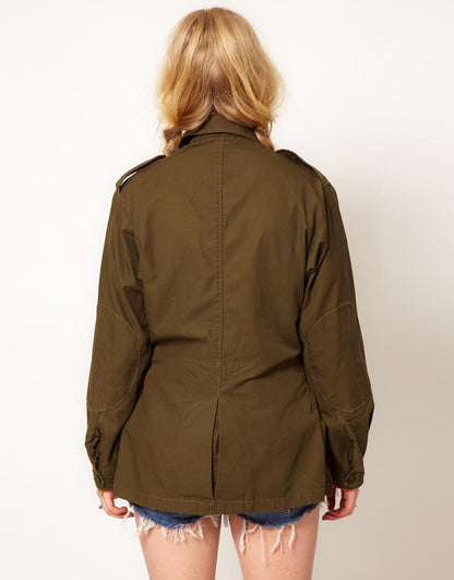 Women's vintage 1970s Italian army jacket military f2 retro khaki coat olive elasticated waist