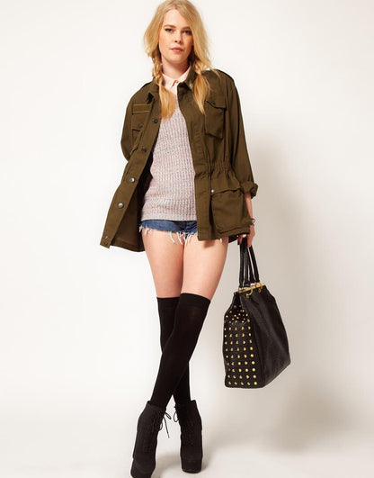 Women's vintage 1970s Italian army jacket military f2 retro khaki coat olive elasticated waist