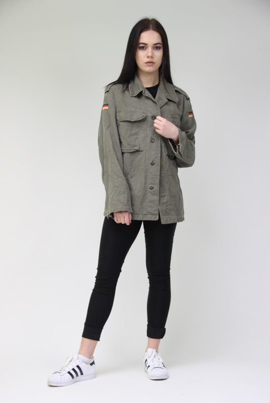vintage German army field moleskin shirt jacket coat fieldshirt olive khaki military oversized, new type 1985-1991 women