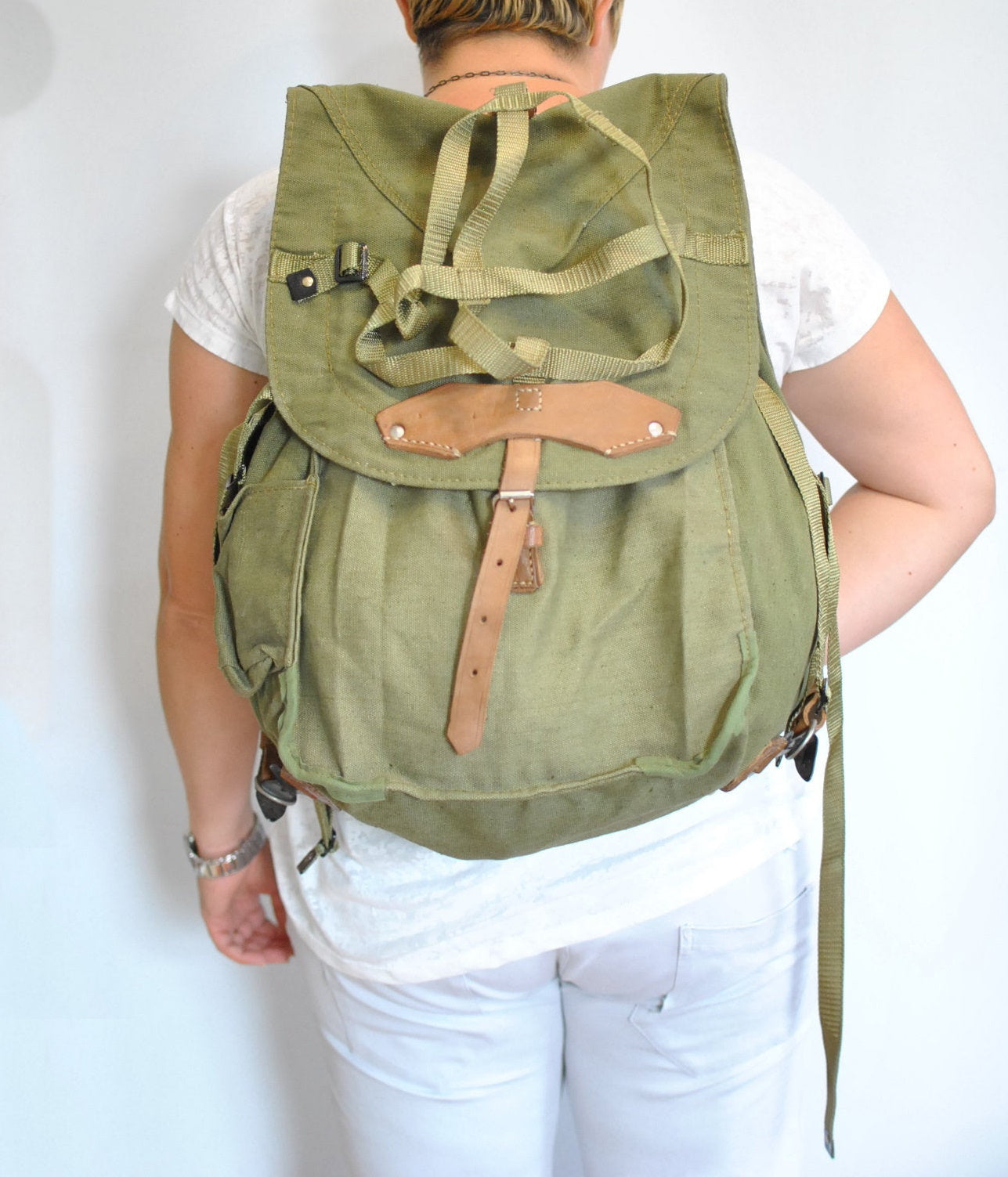 Vintage Romanian army canvas backpack rucksack bag Communist Soviet Era leather straps webbing